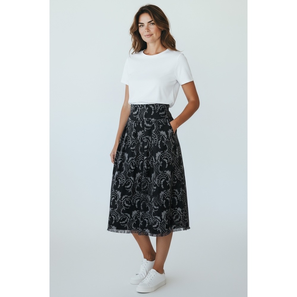 Byblos Made In Italy Midi Skirt High Waist Black Gray Patterned Pockets Size 40